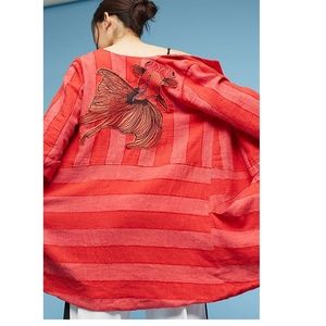 HTF Anthropologie Red Striped Kimono with Fish Embroidery